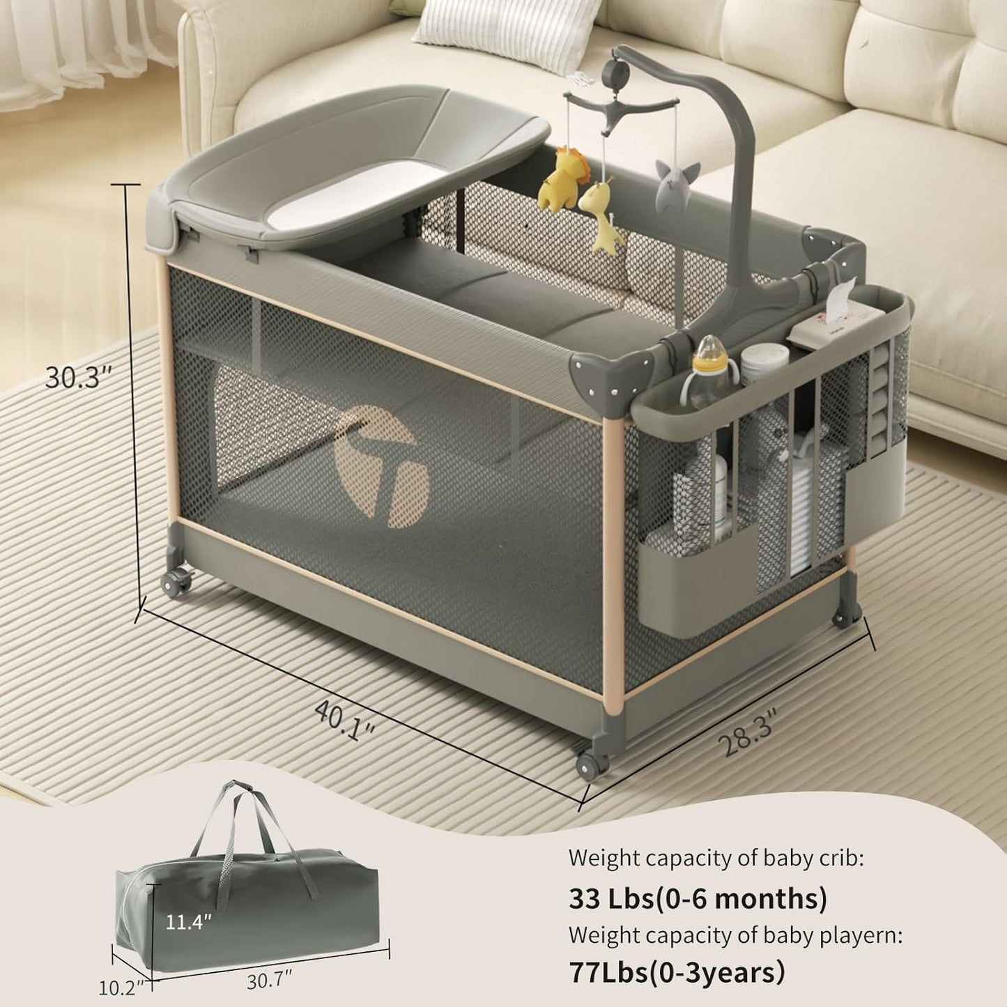 4-in-1 Pack and Play with Bassinet, Bedside Sleeper, Playard, and Changing Table, Folding Travel Crib with Musical Toy Rack & Bag, 4-Level Height Adjust, Newborn to Toddler（Ivy Gray）