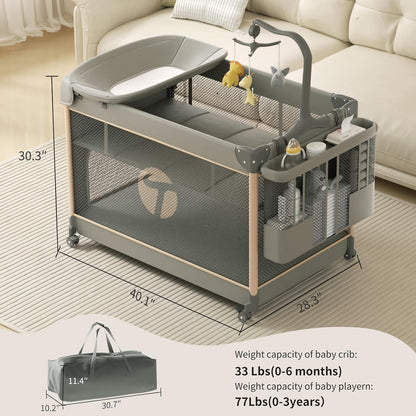 4-in-1 Pack and Play with Bassinet, Bedside Sleeper, Playard, and Changing Table, Folding Travel Crib with Musical Toy Rack & Bag, 4-Level Height Adjust, Newborn to Toddler（Ivy Gray）