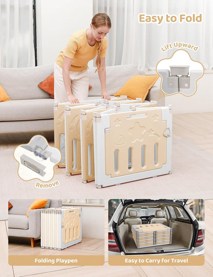 Baby Playpen, Dripex Baby Playard for Babies and Toddlers, 14-Panel Foldable Playpen Adjustable Portable Play Area, Indoor/Outdoor Kids Active Center with Game Panel & Safety Gate, Grey White