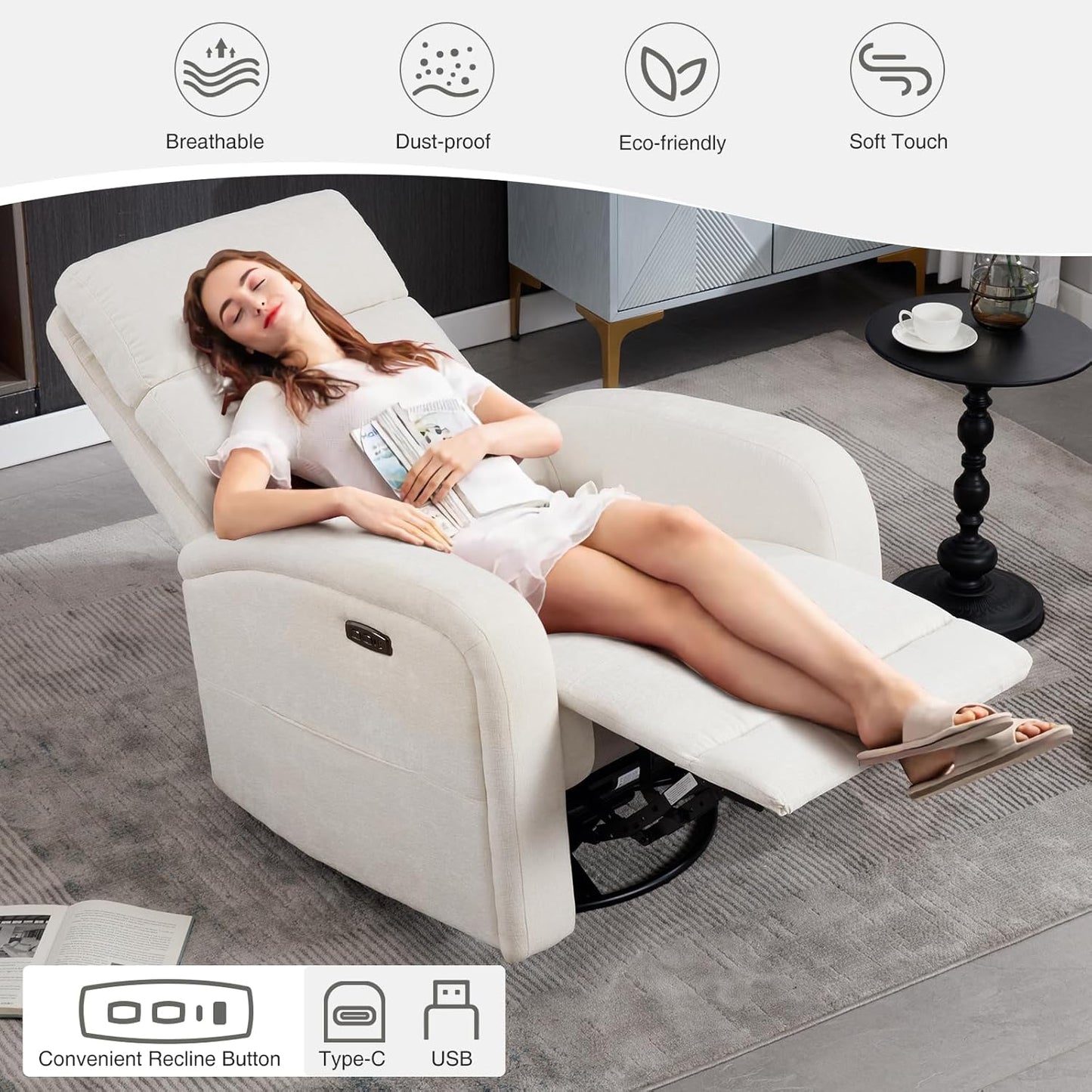 Power Swivel Rocker Recliner Chair for Nursery, Swivel Reclining Rocking Chairs, Electric Glider for Living Room, Upholstered Recliner Chairs for Bedroom, Corduroy White