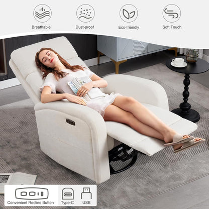 Power Swivel Rocker Recliner Chair for Nursery, Swivel Reclining Rocking Chairs, Electric Glider for Living Room, Upholstered Recliner Chairs for Bedroom, Corduroy White