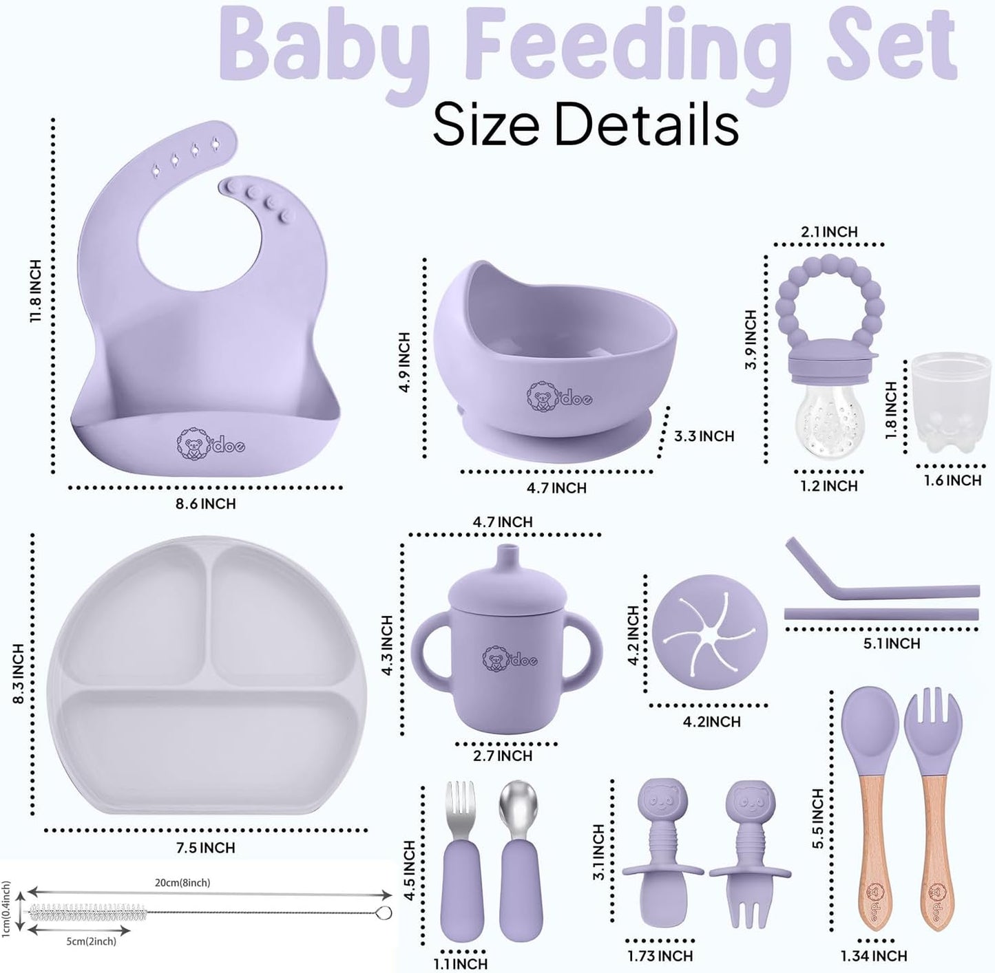O'doe 17-Piece BPA-Free Silicone Baby Feeding Set | Thick & Soft Suction Plates, Baby Bowls, Wooden Fork & Spoon, and More | Make Mealtime Fun and Easy for Your Little One (Purple, V2)