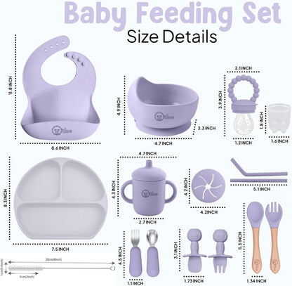 O'doe 17-Piece BPA-Free Silicone Baby Feeding Set | Thick & Soft Suction Plates, Baby Bowls, Wooden Fork & Spoon, and More | Make Mealtime Fun and Easy for Your Little One (Purple, V2)