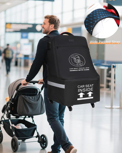 MCBD Car Seat Travel Bag for Airplane, Foldable Baby Carseat Backpack for Travel Padded Carseat Carrier for Airport Gate Check, Infant Stroller Cover with Reflective Strips