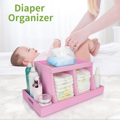 Diaper Caddy Organizer, Changing Table Organizer, Wooden Diaper Organizer for Nursery, Baby Diaper Storage Organizer with Removable Dividers (Brown, Rectangular Size)