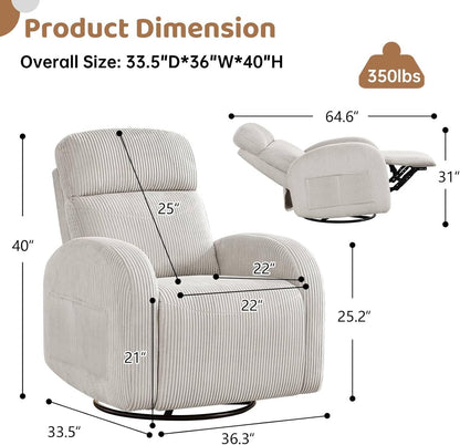 Swivel Rocker Recliner Chair, Rocking Recliner for Nursery with Side Pockets, Manual Swivel Reclining Nursery Glider Chair for Breastfeeding Living Room, Camel Chenille