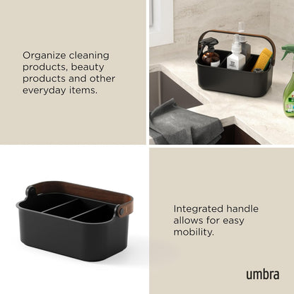 Umbra Bellwood Stackable Bin, 14" x 10" Durable Lightweight Container with Wooden Handle and Removable Dividers, Black/Walnut