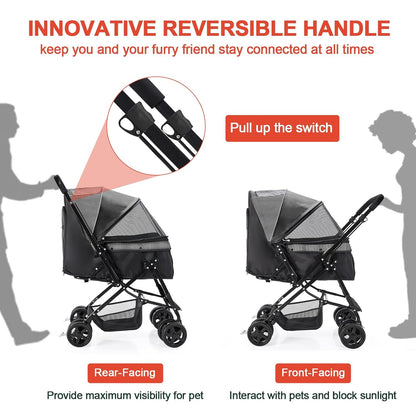 Lightweight Dog Stroller with Reversible Handle for Medium Small Dogs and Cats, Foldable Pet Stroller Travel Carriage with Large Storage Basket, 4 Wheels, Black