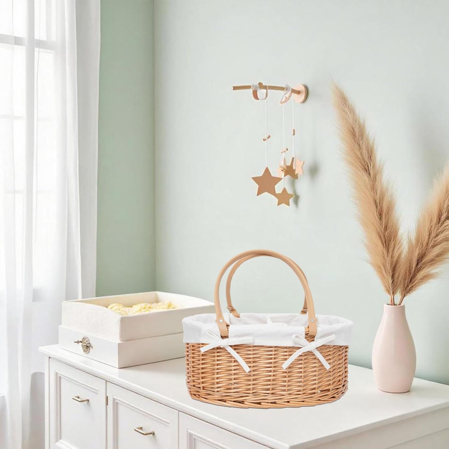 Handwoven Wicker Diaper Caddy Organizer, Multi - functional Baby Diaper Bag for Nursery & Home Storage, Detachable Lining, PU Handles, Baby Registry Must Haves (Wicker)