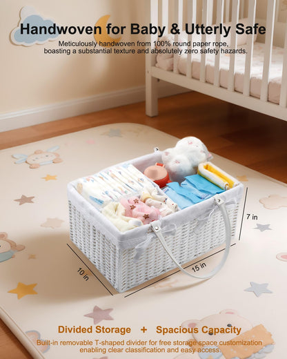 Large Baby Diaper Caddy Basket - Wicker Paper Rope Storage Baskets Portable Woven Car Organizer for Diapers With Cotton Divider Brown
