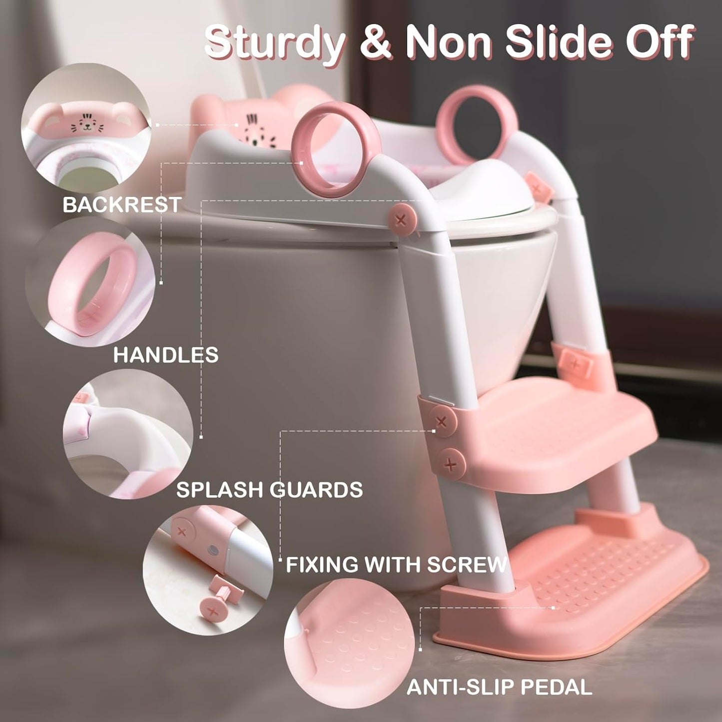 Potty Training Seat, Cute Tiger Design Elements, Foldable Toilet Seat with Soft Cushion, Suitable for Both Boys and Girls, with Splash Guard Anti-Slip Pad Step Stool(Pink)