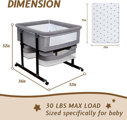 Twin Bassinet for 2 Babies, Double Bassinet for Twins with Music Toys, Mosquito Net & Storage Basket Portable Foldable Bedside Sleeper for Newborns, Grey | Side By Side Design, Independent Space, Small Space Fit, Safe Co Sleeping, Stable Frame