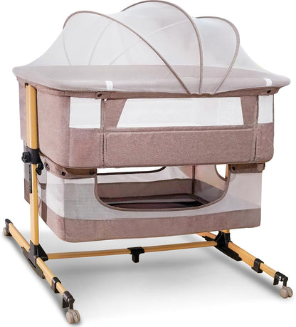 Baby Bassinet, 3 in 1 Infant Bassinet Bedside Sleeper, Bassinet with Cover, Rocking Bedside Bassinet for Baby with Storage Basket, Foldable & Adjustable Travel Crib (Light Pink)
