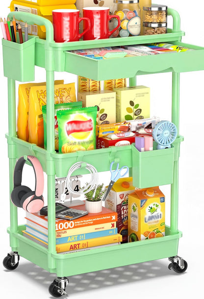 SUNALLY 3 Tier Rolling Cart with Drawer, Bathroom Storage Organizer with 2 Lockable Wheels, Multifunctional Rolling Storage Cart for Bathroom, Kitchen, Office, Craft, Makeup, Baby Essentials, White
