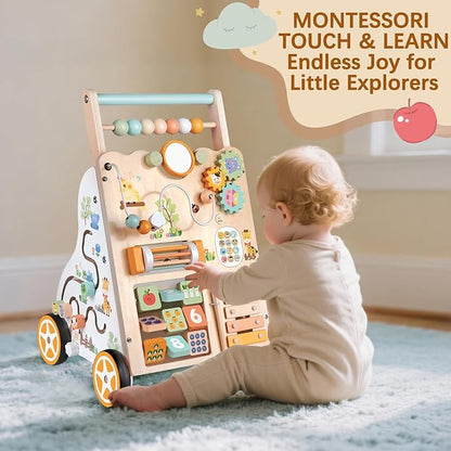 Baby Push Walker, Wooden Baby Walker with Wheels, Montessori Activity Center for 1 2 3 Years Old Boys Girls, Adjustable Speed & Height Push Toy for Toddler Learning to Walk, Kids Development Gift