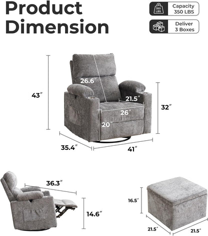 Rocking Chair Nursery with Adjustable Armrests, Electric Glider Recliner Nursing Chair for Breastfeeding, Power Swivel Recliner Chairs with Massage and Heat, Adjustable Headrest , FSC Certified, White