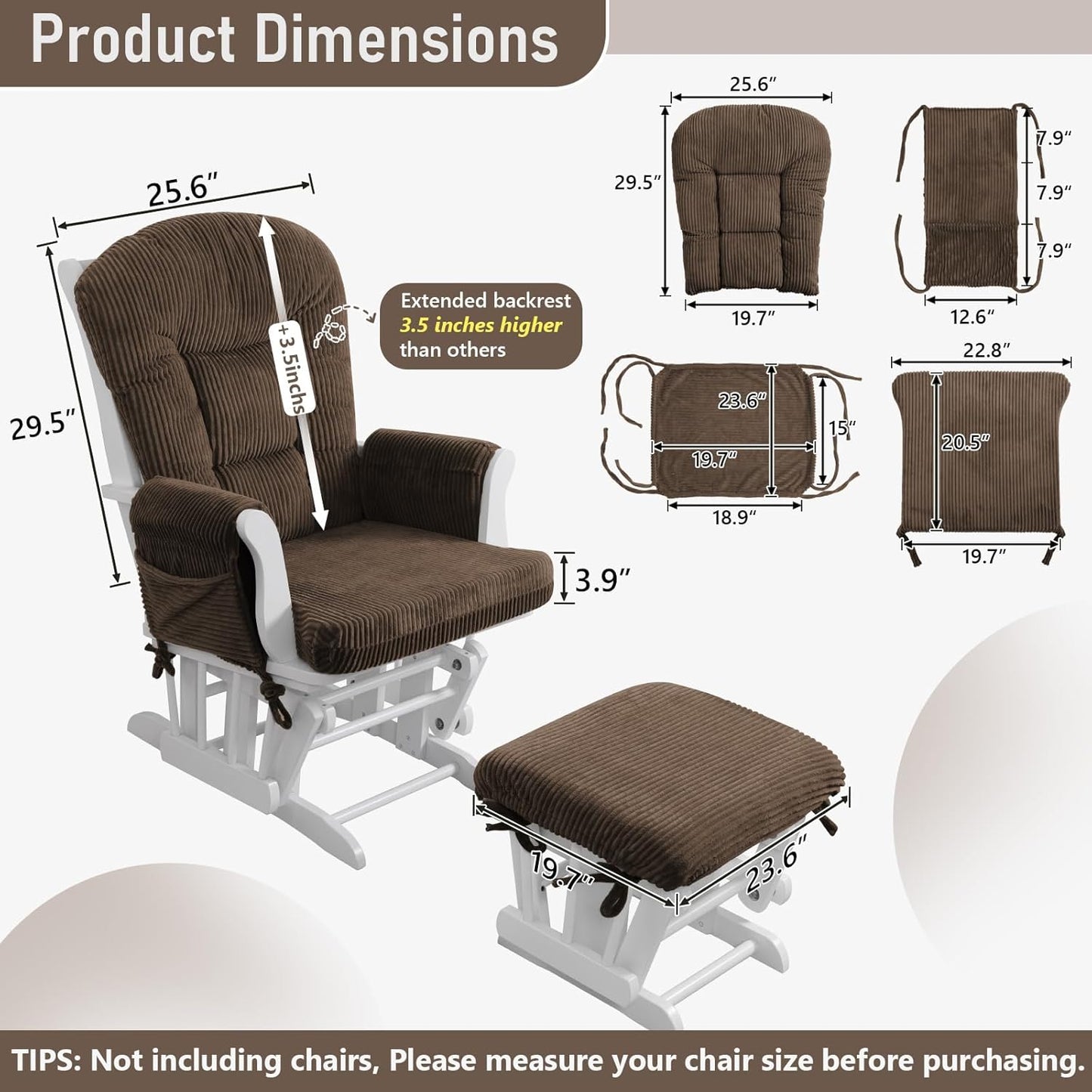 5PCS Glider Rocker Replacement Cushions with Storage Side Pockets, Thickened 3.5IN Seat & Supportive Striped Plush Rocking Chair Cushion Set with Ottoman Cover for Indoor Nursery, Beige