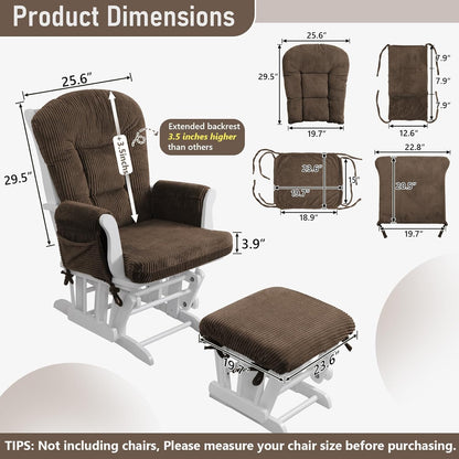 5PCS Glider Rocker Replacement Cushions with Storage Side Pockets, Thickened 3.5IN Seat & Supportive Striped Plush Rocking Chair Cushion Set with Ottoman Cover for Indoor Nursery, Beige