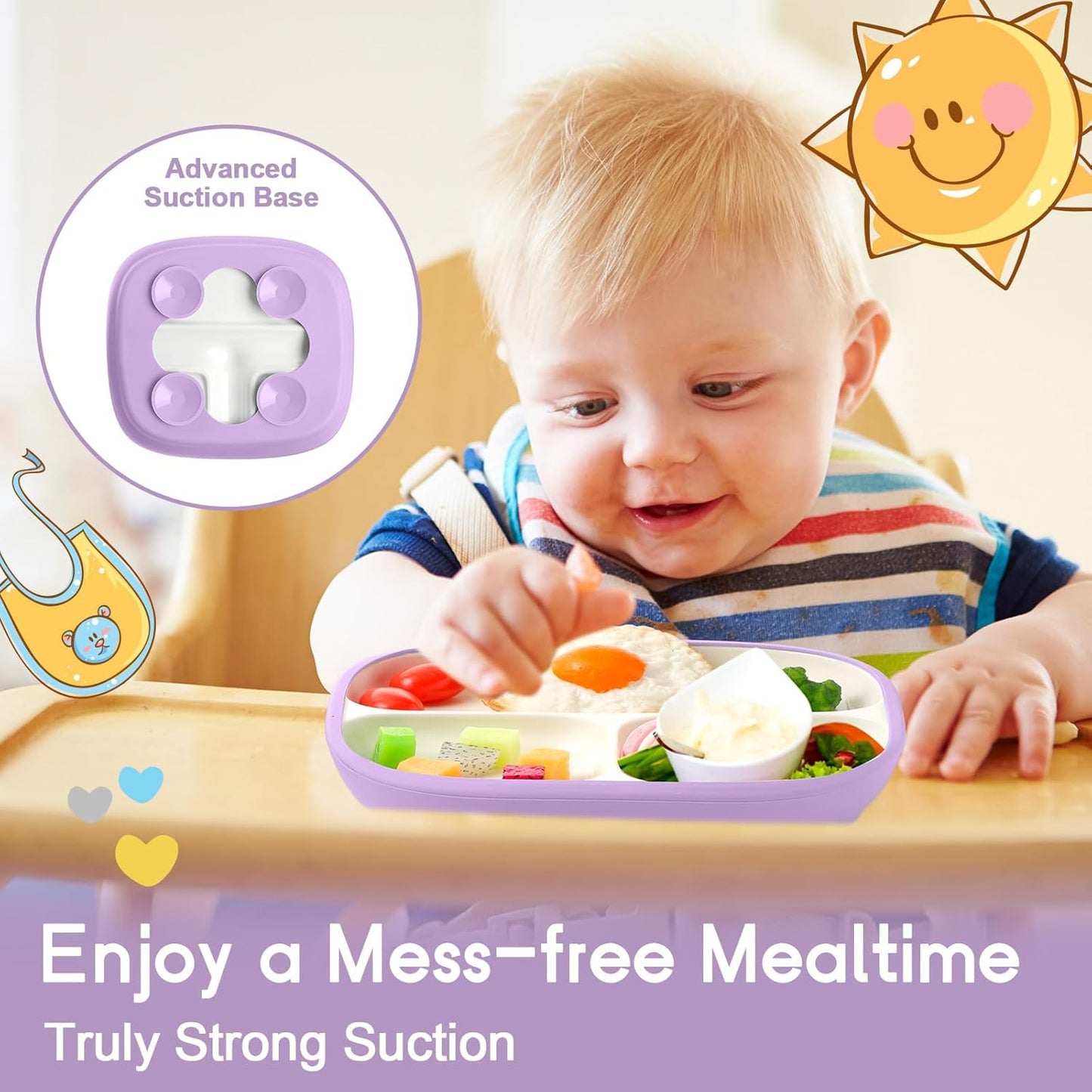 Domensi Kids Porcelain Plates with Silicone Sleeves 8.2 Inch Divided Porcelain Plate Toddler White Suction Dishes for Baby Troubleless Eating Microwave Dishwasher Safe(Stylish,3 Set)