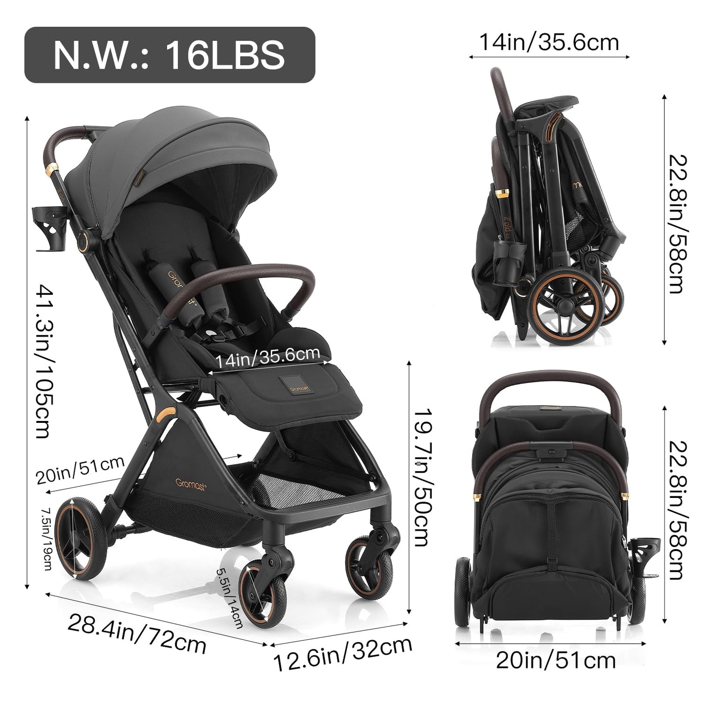 Gromast Gravity Folding Baby Stroller - Portable Travel Toddler Stroller w/Adjustable Backrest, Canopy & Cup Holder, Lightweight and UV Protected, One-Hand Automatic Folding - Green