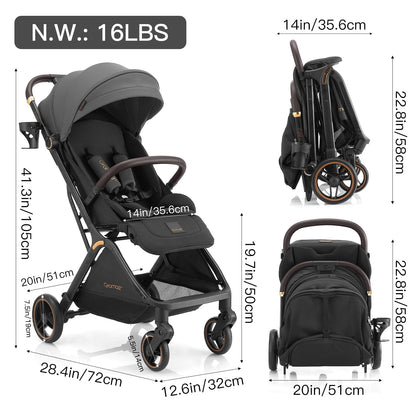 Gromast Gravity Folding Baby Stroller - Portable Travel Toddler Stroller w/Adjustable Backrest, Canopy & Cup Holder, Lightweight and UV Protected, One-Hand Automatic Folding - Green