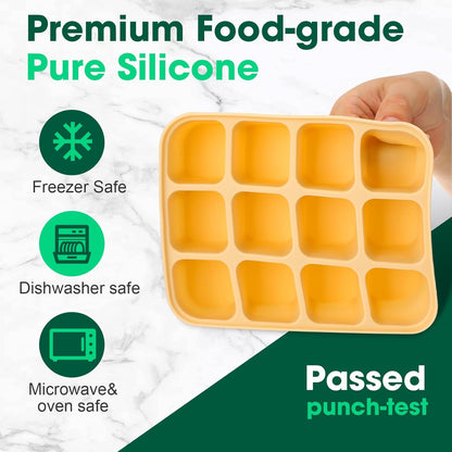Mimorou 3 Pack Baby Food Freezer Tray with Lids 2.8 oz x 12 Cups Silicone Baby Food Storage Container Ice Cube Freezer Molds for Homemade Vegetable Fruit Purees Snack(12 Cups,White, Yellow, Brown)