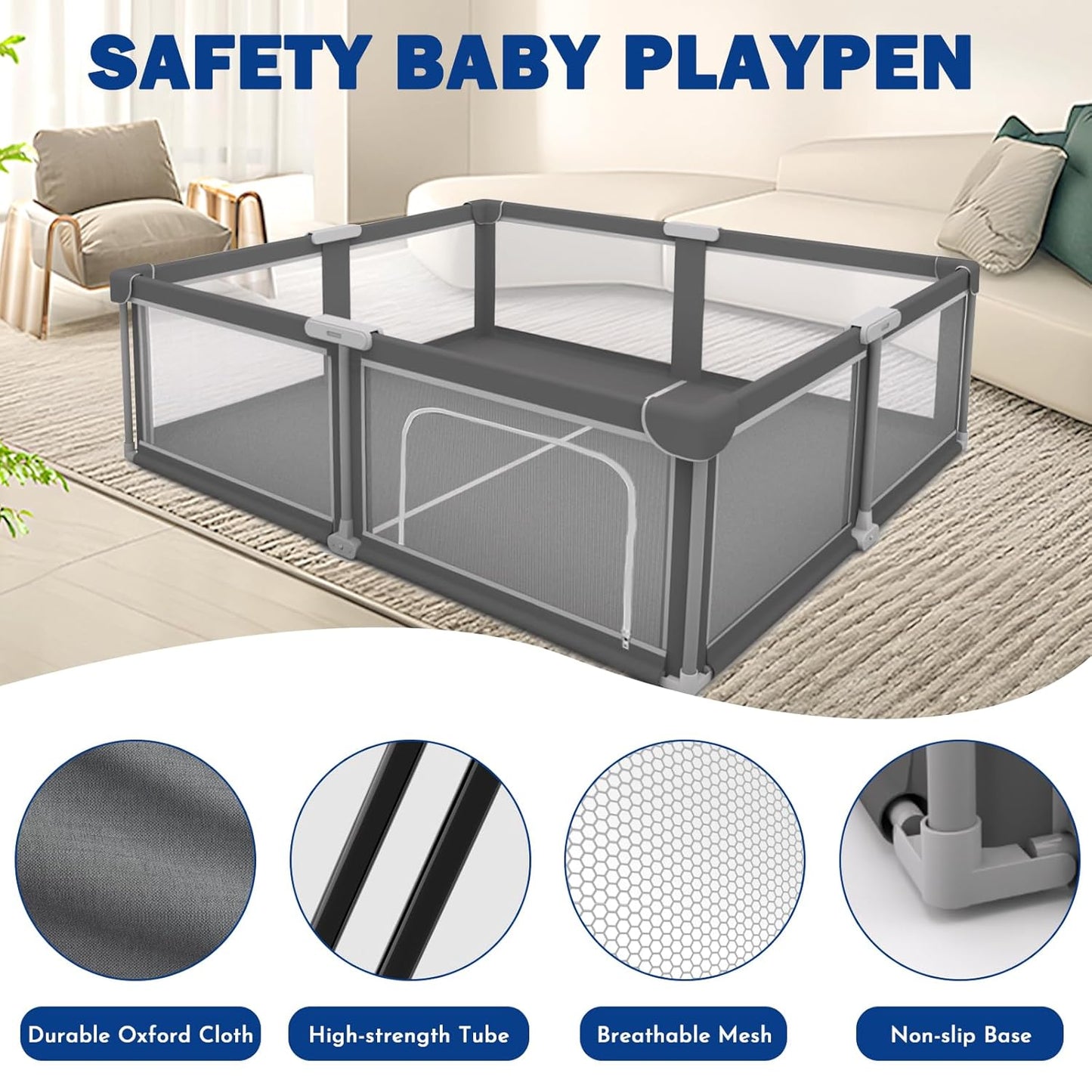 Foldable Baby Playpen with Mat - Portable,Spacious & Sturdy Playpen for Babies and Toddlers,Quick 1-Minute Setup,Travel-Friendly, Collapsible Play Pen for Indoor and Outdoor Use (Grey, 50x50 inches)