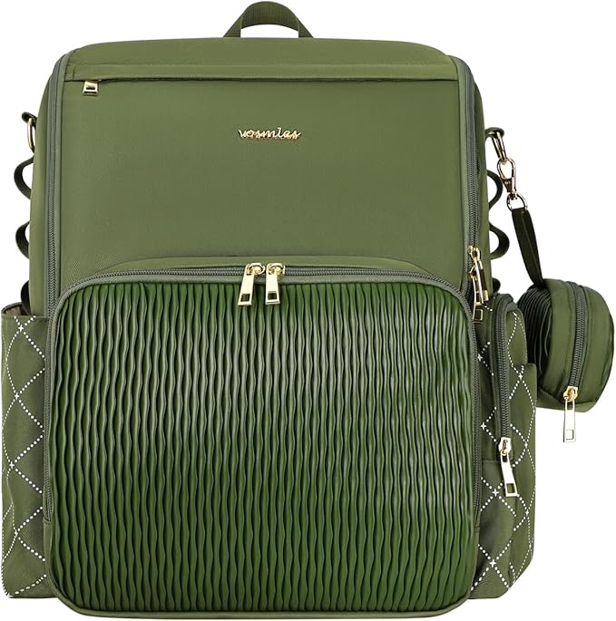 Stylish Baby Diaper Bag, Baby Bag with Changing Pad, Pacifier Case& Stroller Straps, Large Diaper Backpack Boy Girl, Water Resistant Travel Diaper Backpack（Green）