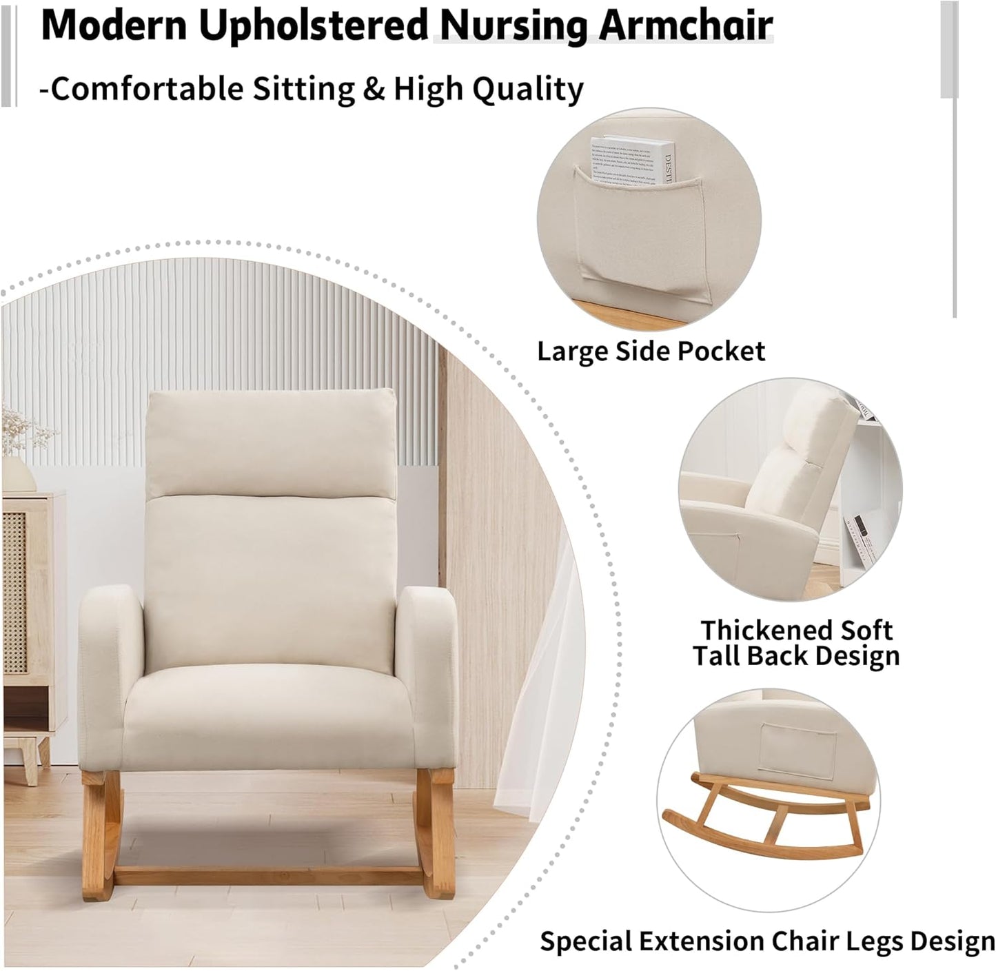 Rocking Chair Nursery, Upholstered Nursing Rocker Chair for Mom with High Backrest and Side Pockets for Bedroom Living Room, Beige