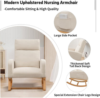 Rocking Chair Nursery, Upholstered Nursing Rocker Chair for Mom with High Backrest and Side Pockets for Bedroom Living Room, Beige