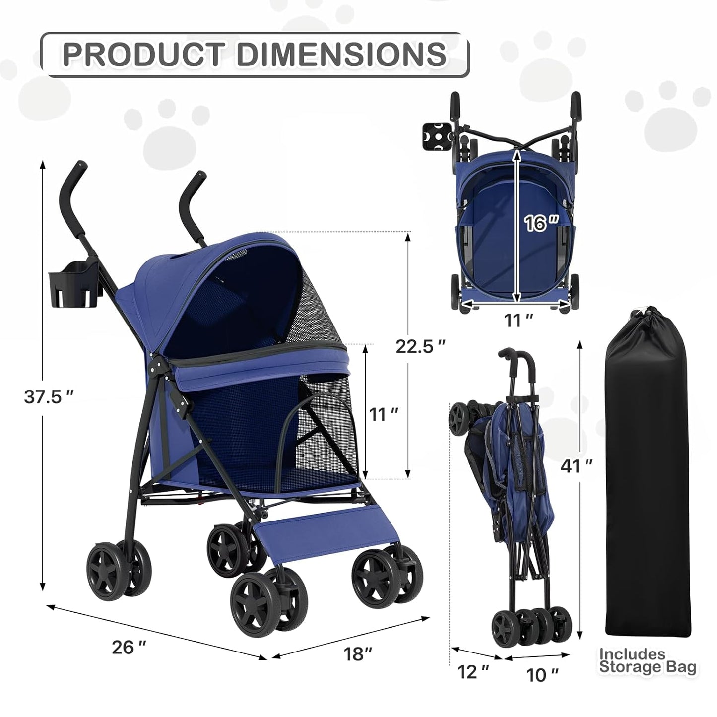 MoNiBloom 4 Wheels Pet Stroller, Easy-Fold Puppy Cage Jogger Stroller with Sun Cover, Pad and Rear Storage Bag, Breathable and Visible Mesh for Small/Medium Pets up to 22 lbs, Black