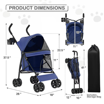 MoNiBloom 4 Wheels Pet Stroller, Easy-Fold Puppy Cage Jogger Stroller with Sun Cover, Pad and Rear Storage Bag, Breathable and Visible Mesh for Small/Medium Pets up to 22 lbs, Black