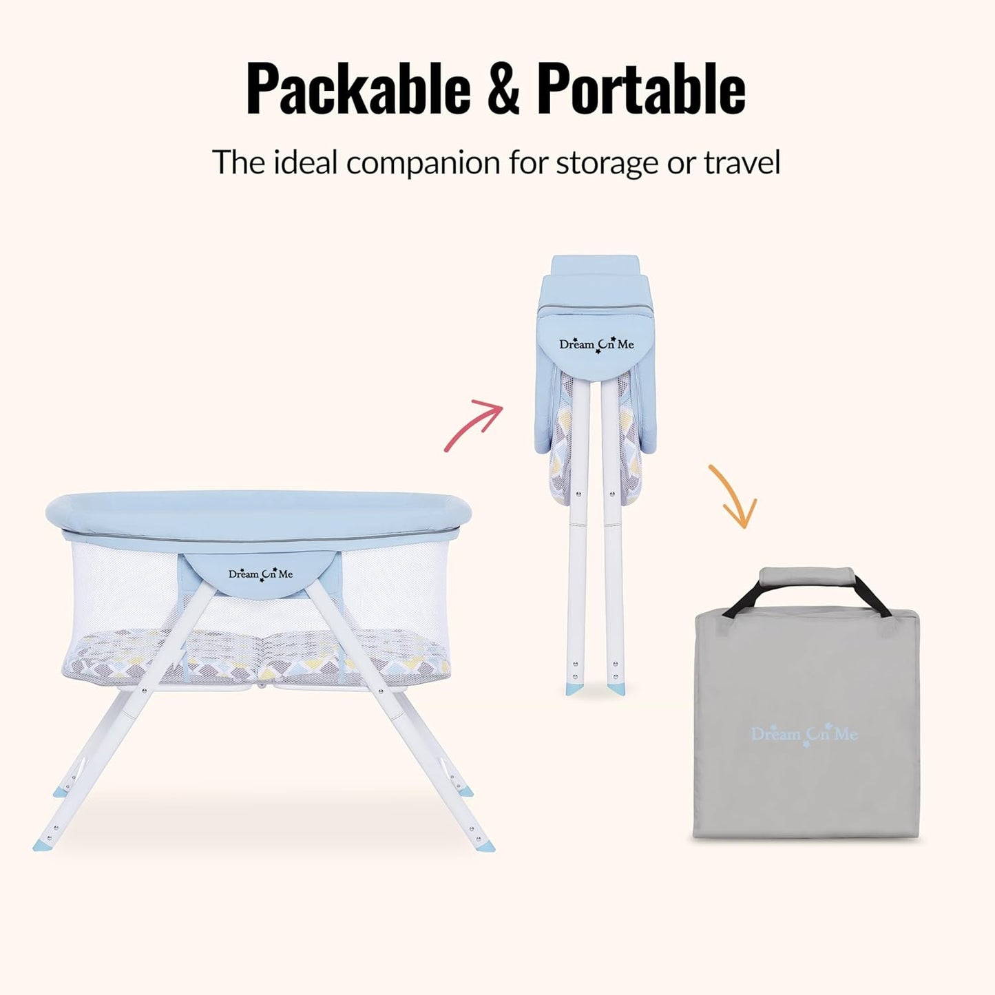 Dream On Me Poppy Traveler Portable Baby Bassinet, Breathable Mesh Airflow Panels, Compact and Lightweight, Quick Fold Travel Friendly Design, Anti-Slip Legs, Travel Bag and Mattress Included- Blue