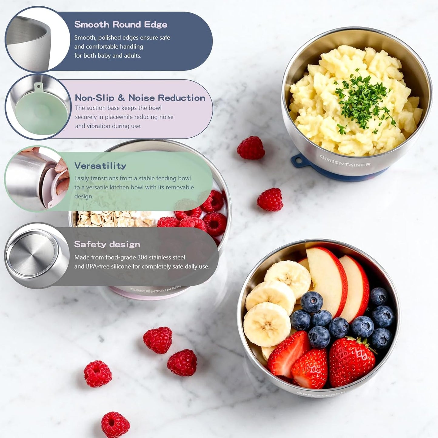 Greentainer Stainless Steel Baby Bowl Set of 3, Double Wall Insulated, Unbreakable Toddler Bowls with Removable Silicone Suction Base, Non-Slip, Dishwasher Safe, BPA-Free for Infants 6+ Months (Green)