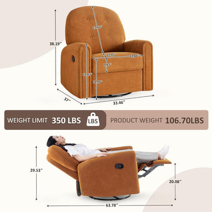 VANOMi 360 Swivel Rocker Recliner Chair, Nursery Rocking Chair with Tufted Backrest, Manual Recliner Chairs for Small Spaces, Upholstered Glider Nursing Chair for Living Room, Bedroom (White)