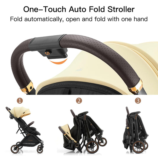 Gromast Gravity Folding Baby Stroller - Portable Travel Toddler Stroller w/Adjustable Backrest, Canopy & Cup Holder, Lightweight and UV Protected, One-Hand Automatic Folding - Green