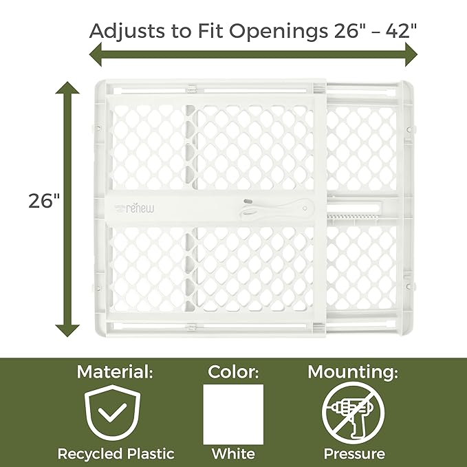 Toddleroo by North States - Renew 100% Recycled Plastic Baby Gate for Doorway; Sturdy for Indoor & Outdoor Use: Pressure Mounted, No Drill Gate; Made in USA; 26" to 42" Wide, 26" Tall; Pure White