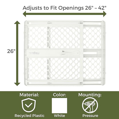 Toddleroo by North States - Renew 100% Recycled Plastic Baby Gate for Doorway; Sturdy for Indoor & Outdoor Use: Pressure Mounted, No Drill Gate; Made in USA; 26" to 42" Wide, 26" Tall; Pure White