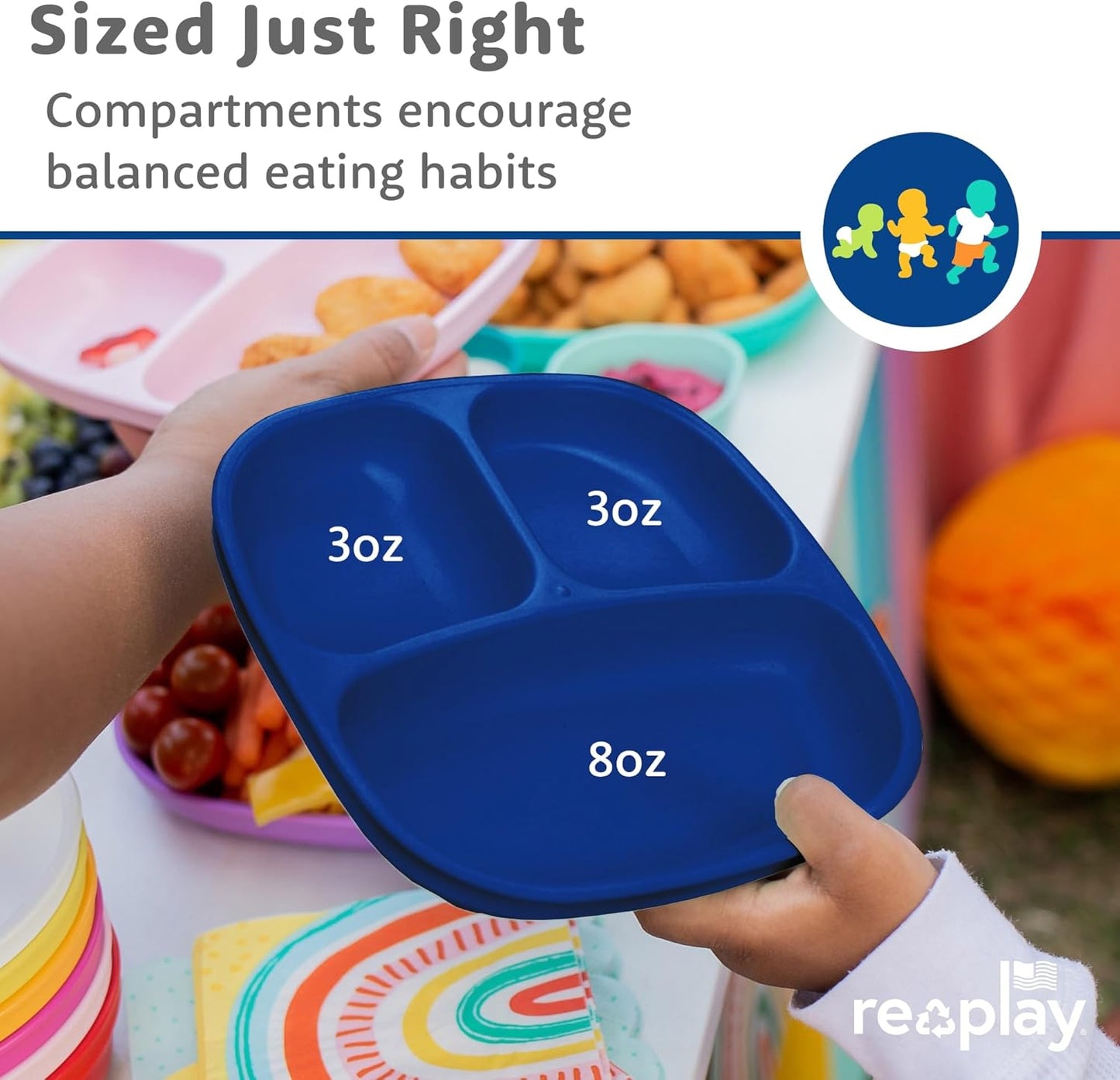 Re-Play Toddler Plates with Dividers - Deep-Walled 3 Compartments Divided Plates for Kids - Dishwasher & Microwave Safe - Made in USA - Set of 3-7.37" x 7.37" x 1.25" - Beach Baby