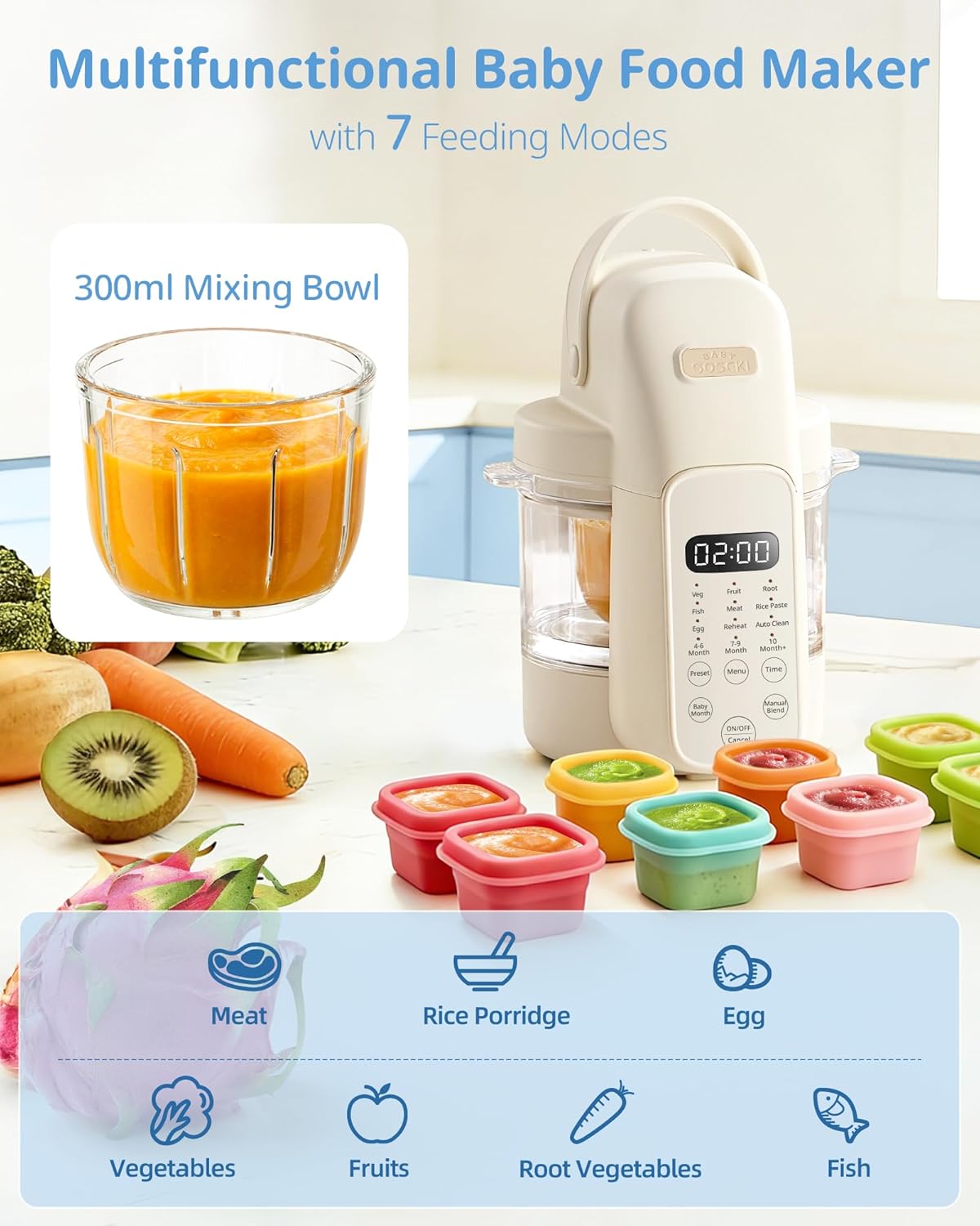 SosekiBaby FM01 Baby Food Maker, 316L Stainless Steel Blades | Puree Steamer Blender Processor With 10oz Glass Bowl | One-Step Food Mill with Recipe, 12H Keep Warm, Auto Clean, Reheat | BPA-Free