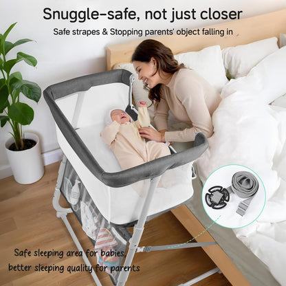 Cowiewie Bassinet Bedside Sleeper,Baby Bassinet Slides Over Bed,5-Position Height Adjustment & Breathable All-Mesh Wall Bedside Bassinet for Baby,Space-Saving Bedside Crib, Height(37.4-41.3") (Beige)
