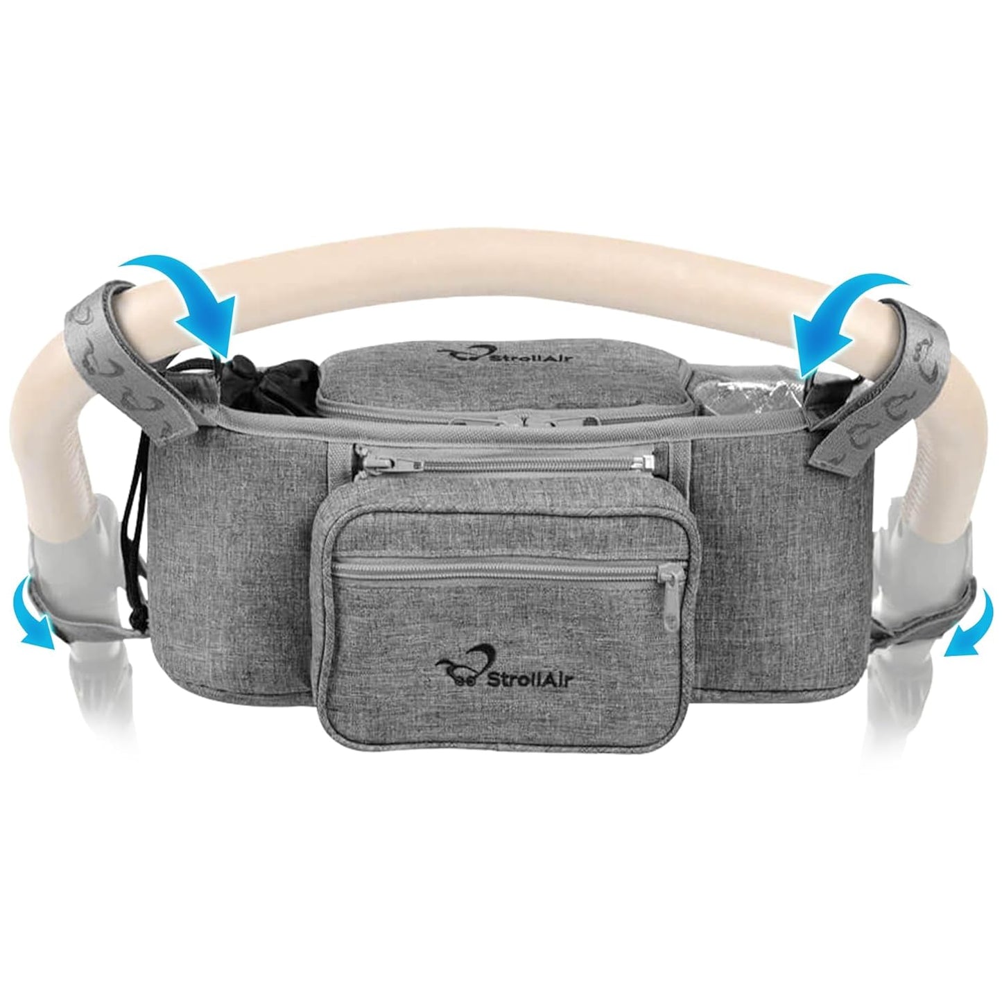 StrollAir Universal Stroller Organizer with Insulated Cup Holder, Stroller Caddy Compatible with Cosmos, Solo, Nuna, Baby Jogger, Bumbleride, Uppababy, Parent Drink Holder Stroller Accessories (Black)