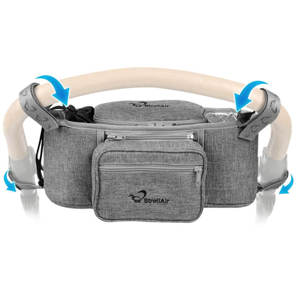 StrollAir Universal Stroller Organizer with Insulated Cup Holder, Stroller Caddy Compatible with Cosmos, Solo, Nuna, Baby Jogger, Bumbleride, Uppababy, Parent Drink Holder Stroller Accessories (Black)