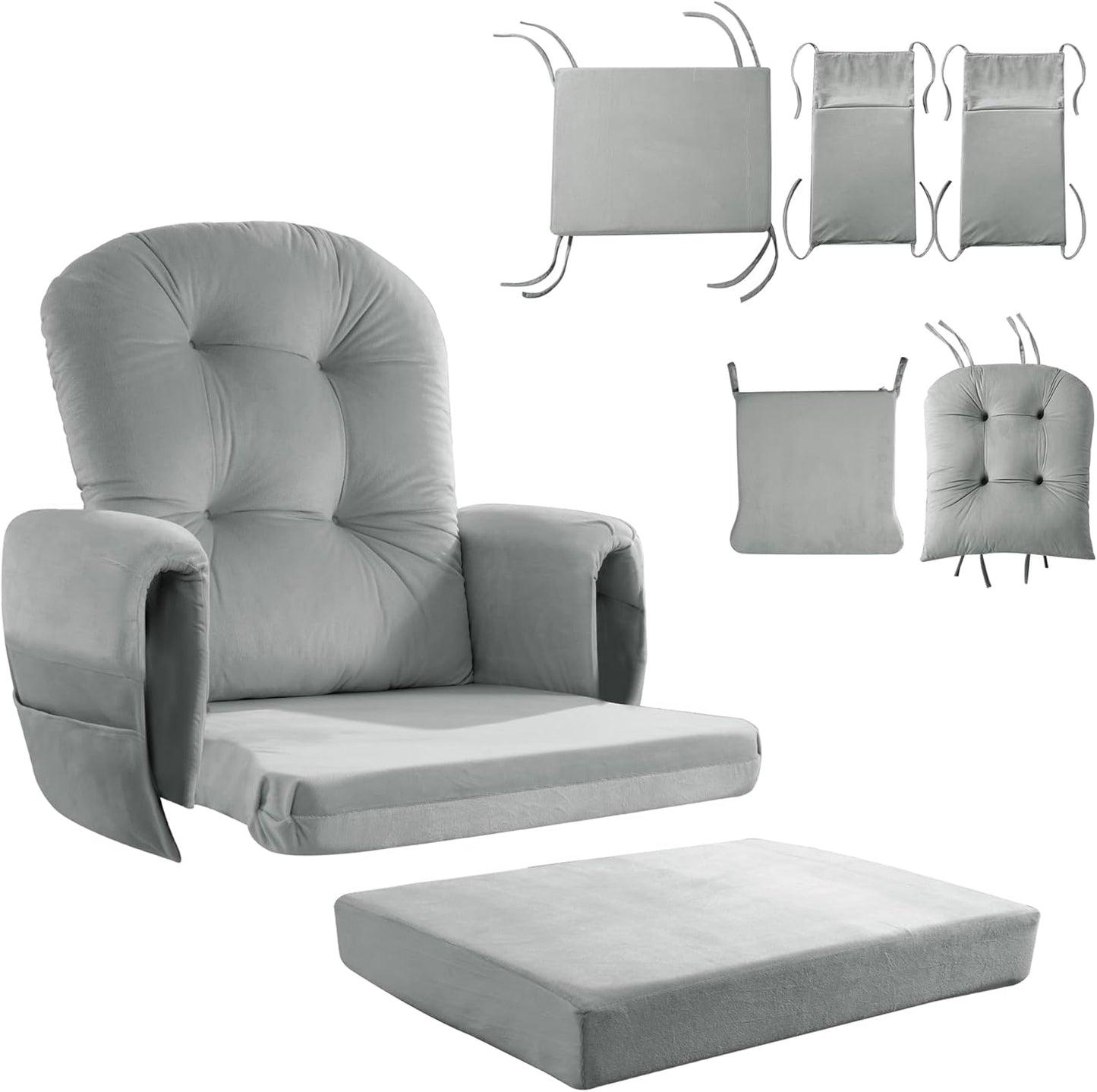 HOMBYS Glider Rocker Replacement Cushions 5 PCS with Storage Side Pocket, Velvet Fabric, Foam & Microfiber Filling, Non-Slip & Washable,Thickened & Supportive for Glider Rocking Chair