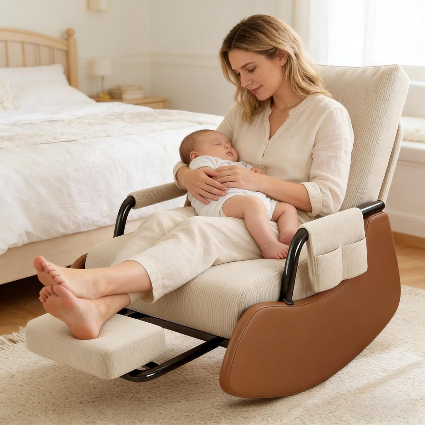 JPBSTO Rocking Chair Nursery, Upholstered Glider Rocking Chair with Side Pocket and Adjustable High Backrest, Comfortable Rocker Recliner with Footrest Perfect for Living Room Bedroom, Beige