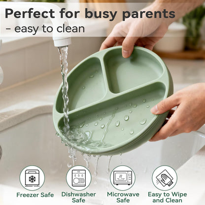 Bufims Silicone Baby Feeding Set, Baby Led Weaning Supplies, Eating Essentials Utensils with Suction Plate and Bowl, Pocket Bib, Sippy Cup with Lid, Forks Spoons Snack Container, for 6+ Months, Green