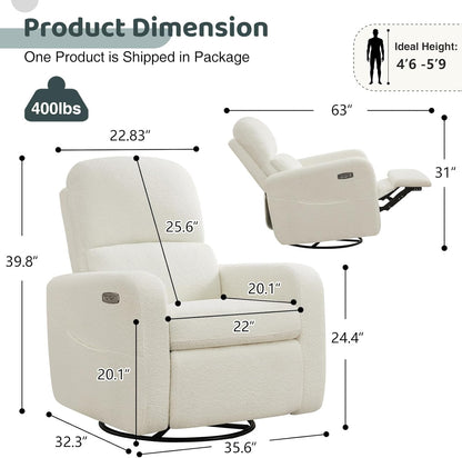 Swivel Rocker Recliner, Oversized Boucle Glider Recliner Nursery, Manual Swivel Rocking Reclining Chairs with Removable Cushion and Lumbar Support for Nursery Living Room Bedroom, Teddy White