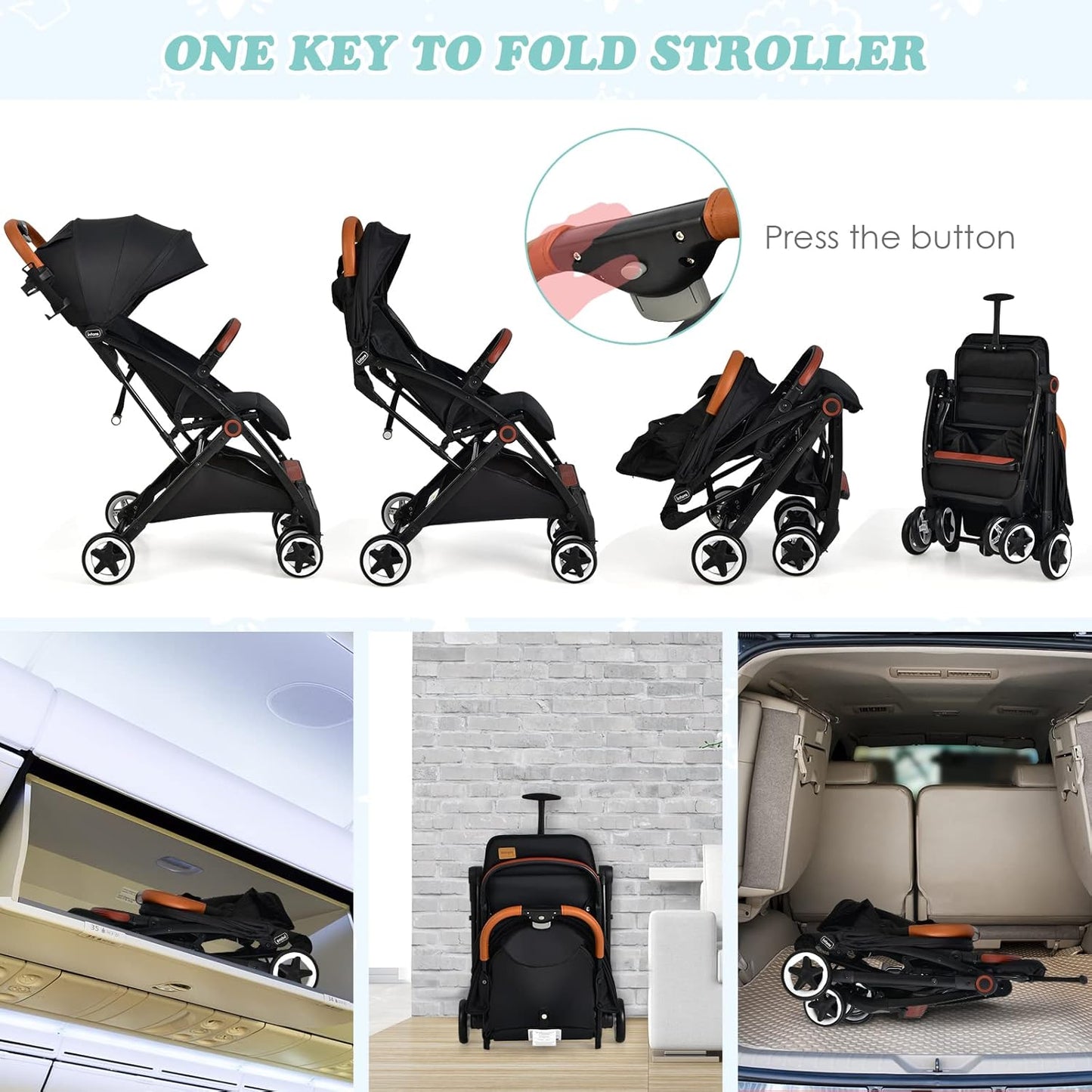 INFANS Lightweight Baby Stroller, Compact Infant with One-Hand Fold, Travel Stroller for Airplane with Cup Holder, Canopy 5-Point Harness Foot Cover for 6-36 Month