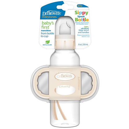 Dr. Brown's Milestones Narrow Sippy Spout Bottle with 100% Silicone, Easy-Grip Handles and Soft Sippy Spout, 8oz/250mL, Light Pink and Ecru, 2-Pack, 6m+