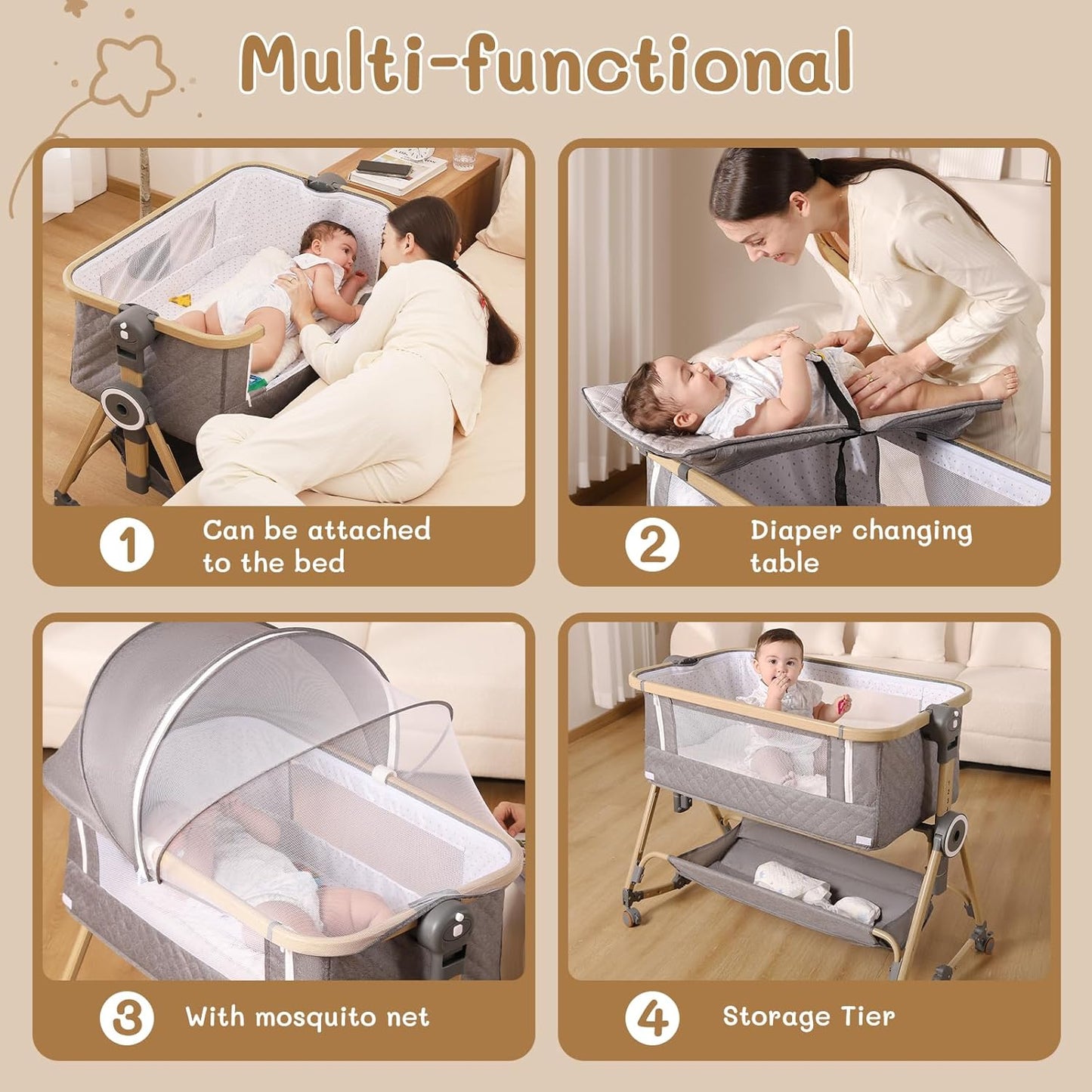 Baby Bassinet 5 in 1,Baby Bedside Bassinet with Diaper Changer, Mosquito Net, Mattress, Storage Layer, Can Be Stored in One Button Travel Crib (Beige)